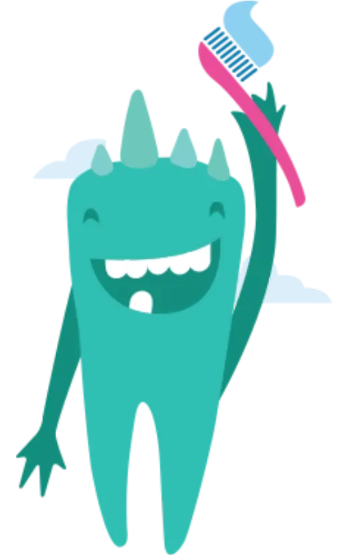 Cartoon teal tooth character with three spikes on its head, smiling and holding a pink and blue toothbrush above its head—Contact Muir Station Smiles Concord for a brighter smile!.